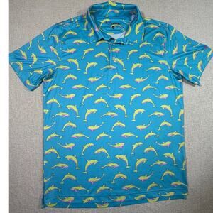 Chubbies Men L Blue Dolphin Short Sleeve Golf Vacation Beach Polo Casual Shirt